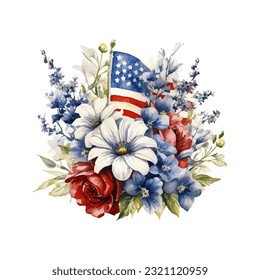 American flag with spring flowers. USA independence day. 4th of July. watercolor vector for sublimation, tshirt, mug, pillow, tumbler, print