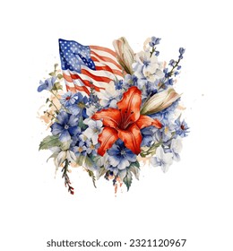 American flag with spring flowers. USA independence day. 4th of July. watercolor vector for sublimation, tshirt, mug, pillow, tumbler, print
