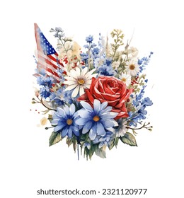 American flag with spring flowers. USA independence day. 4th of July. watercolor vector for sublimation, tshirt, mug, pillow, tumbler, print