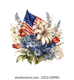 American flag with spring flowers. USA independence day. 4th of July. watercolor vector for sublimation, tshirt, mug, pillow, tumbler, print