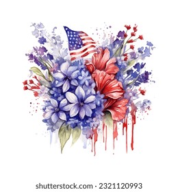 American flag with spring flowers. USA independence day. 4th of July. watercolor vector for sublimation, tshirt, mug, pillow, tumbler, print