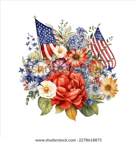 American flag with spring flowers. USA independence day. 4th of July. watercolor vector for sublimation, tshirt, mug, pillow, tumbler, print