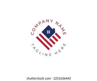 American Flag Square Home Logo Concept sign symbol icon Element Design. Real Estate, Realtor, Mortgage, House Logotype. Vector illustration template