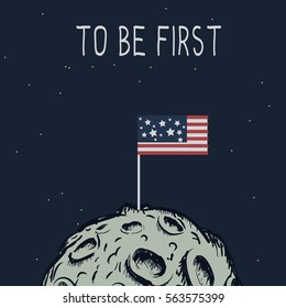 American flag standing on the moon.Cartoon vector illustration