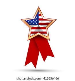 American flag as star shaped symbol. Memorial day. USA star in national flag. Flag of United States. Star medal. Independence Day symbols.