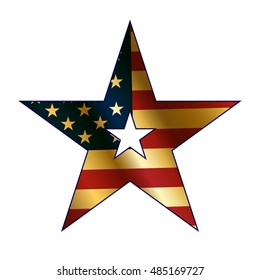 American flag in star sign with gold. Icon isolated on white background. Patriotic graphics. National design element for banner, label. Symbol America, freedom, celebration. Vector illustration