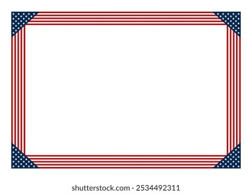 Frontera rectangular de estilo bandera estadounidense con franjas rojas y blancas alternas con esquinas azules con estrellas. Área central en blanco, que proporciona espacio para texto u otro contenido. Ilustración aislada.