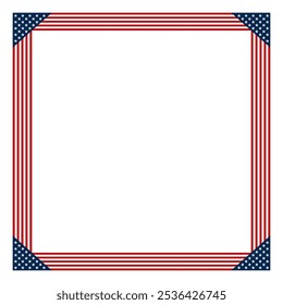 American flag style square shaped border with alternating red and white stripes with blue star-studded corners. Blank central area providing space for text or other content. Isolated illustration.