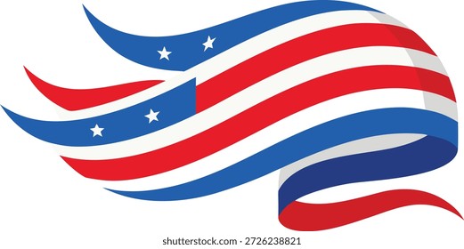 Vector de cinta estilizada de bandera estadounidense: Anuncio patriótico de Estados Unidos ondeando con estrellas y rayas para las elecciones y los Días festivos nacionales