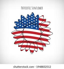 American flag sunflower on vignette background. 4th of July celebration. Independence day symbol. Patriotic sunflower for t shirt print, party signboard, home decor, label. Vector illustration.