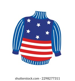 American flag sweater. Bright warm jacket with stars, striped. Patriotic clothing for USA national holidays. Knitted hoodie isolated on white. Flat cartoon clipart for posters, print, logo, web