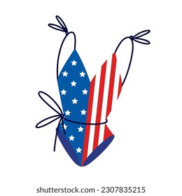 American Flag Schwimmanzug Vektorsymbol. Badeanzug mit Sternen, Streifen für den 4. Juli. Sommerkleidung für den Unabhängigkeitstag der USA. Strandbekleidung zum Schwimmen, Urlaub. Flache Cartoon-Clipkunst für Druck, Karten, Web