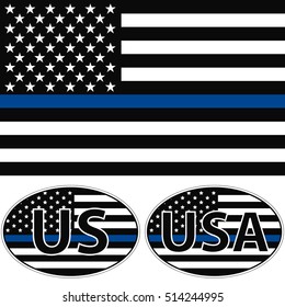 An American flag symbolic of support for law enforcement, USA flag with a blue stripe center, sticker vector