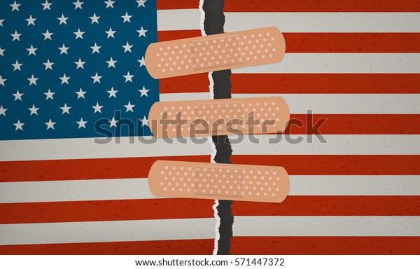 American Flag teared apart -\
Patched together with an adhesive Bandage plaster: United we\
Stand