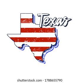 American flag in Texas state map. Vector grunge style with Typography hand drawn lettering Texas on map shaped old grunge vintage American national flag isolated on white background