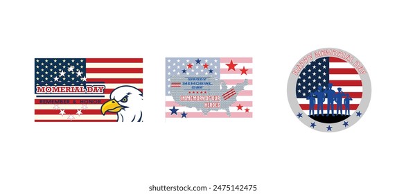 American flag with the text Memorial day. Handwritten greeting card with textured sketch of US silhouette map. American memorial day t-shirt design. Set flat vector modern illustration