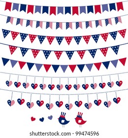 American Flag Themed Vector Bunting And Garland Set. Pattern Brushes Added To EPS File