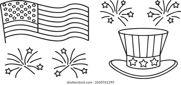 American flag top hat with fireworks, patriotic USA celebration icon, 4th of July independence day symbol, simple flat vector