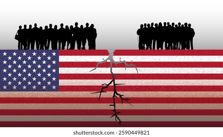 American flag is torn, symbol of division of society, civil war, crisis in the USA. Protests and the danger of dictatorship, political crisis, collapse, chaos of elections, division in country.	