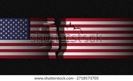 American flag is torn, symbol of division of society, civil war, crisis in the US .Protests and the danger of dictatorship, political crisis, collapse, chaos of elections, division in country.