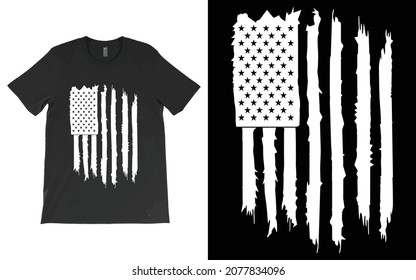 Diseño de vectores de camisetas de la bandera estadounidense, Tee de la bandera con angustia, bandera norteamericana blanco-negra, Estados Unidos, camiseta patriótica.