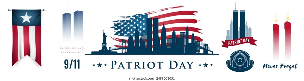 American flag, Twin Towers silhouette, Patriot Day remembrance design