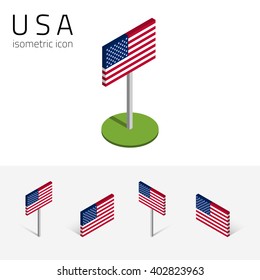 Bandeira americana (Estados Unidos da América), conjunto vetorial de ícones lisos isométricos, estilo 3D, diferentes vistas. Elementos de design para banner, site, apresentação, infográfico, cartaz, mapa, colagem. Eps 10