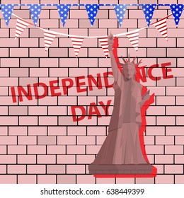 American flag is the US Independence Day. Silhouette of a statue of liberty in festive flags against a brick wall background. Vector illustration for your design