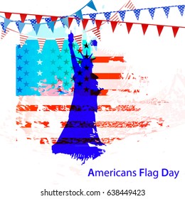 American flag is the US Independence Day. Silhouette of a statue of liberty in festive flags against the background of the American flag. Vector illustration for your design