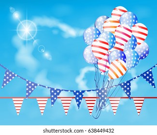 American flag is the US Independence Day. Balloons and festive flags against the blue sky. Illustration, vector for your design