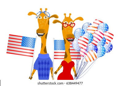 American flag is the US Independence Day. Family of giraffes with a flag and balloons. Illustration, vector for your design