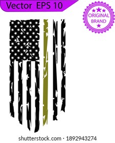 American Flag, USA Distressed and splash element Military Flag,  US Patriotic Army Thin Green Line Flag. Transparent background. High resolution