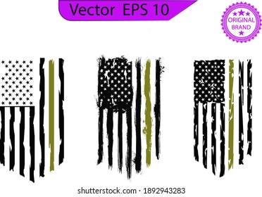 American Flag, USA Distressed and splash element Military Flag,  US Patriotic Army Thin Green Line Flag. Transparent background. High resolution