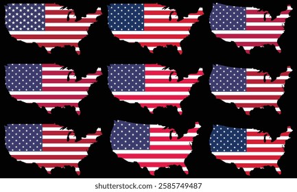 American Flag In USA Map Vector Illustration Bundle, United States Map Flag Design, Our High-Quality United States Map Flag Design On Black Background. 