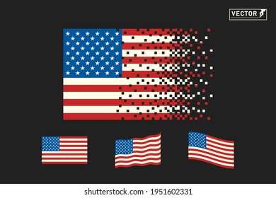 American flag  USA  Pixel abstract  movement  waves  Vector icons 