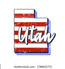 American flag in Utah state map. Vector grunge style with Typography hand drawn lettering Utah on map shaped old grunge vintage American national flag isolated on white background