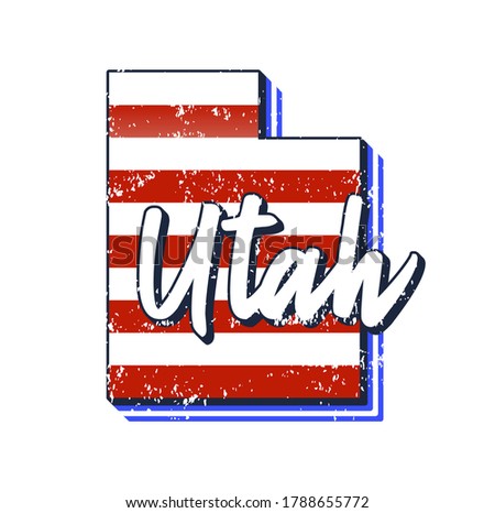 American flag in Utah state map. Vector grunge style with Typography hand drawn lettering Utah on map shaped old grunge vintage American national flag isolated on white background