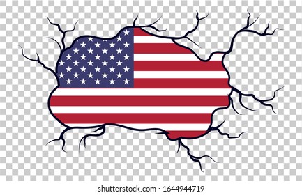 American flag vector background of cracked walls. Transparent shape.