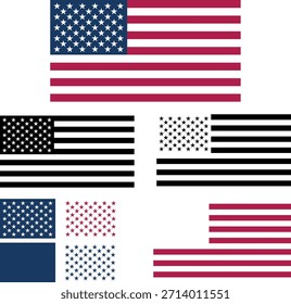 American Flag Vector Bundle in Color and Black White, USA Patriotic Stars and Stripes Set