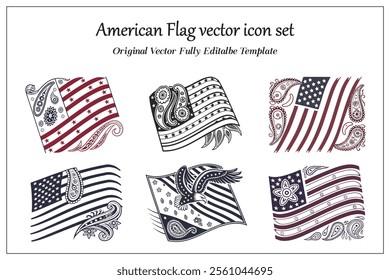 American Flag vector icon set, silhouette style white background.