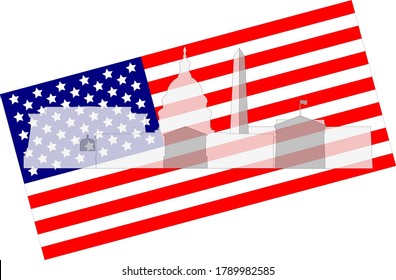 American Flag vector on four representative buildings and landmarks, The White House, The Washington Monument, The United States Capitol and Capitol Hill, and The Lincoln Memorial.