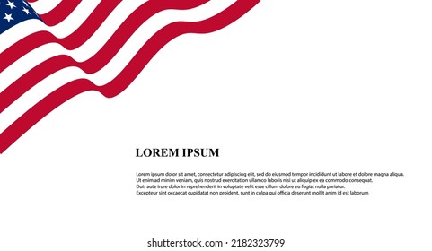 Vector de bandera estadounidense. Bandera estadounidense ondulada con diseño de texto de lorem ipsum. Bandera onduladora de vectores de los Estados Unidos de América