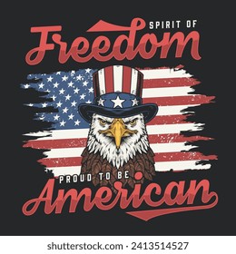 American flag vintage flyer colorful bird in hat made patriotic colors and words spirit freedom for t-shirt design vector illustration