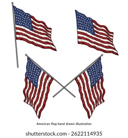 American Flag Vintage Hand Drawn Engraving Illustration