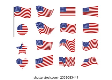 American flag wave perspective, circle and heart shape, vector set of USA national flags.