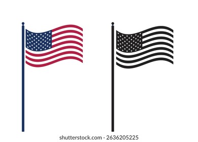 Uma bandeira americana acenando ao lado de uma versão monocromática da mesma bandeira em um fundo branco.