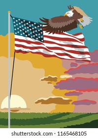 An American flag waving with a bald eagle flying overhead, in front of a sunrise