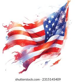 American flag waving fluttering painted with watercolors