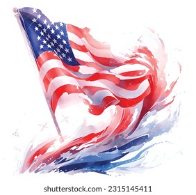 American flag waving fluttering painted with watercolors