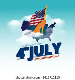 american flag waving in man's hand in blue sky clouds and 4th of july american independence day celebration message. vector illustration